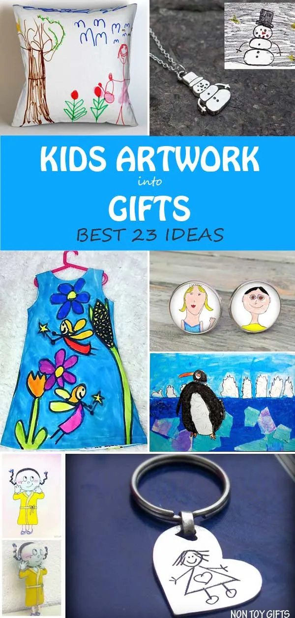 23 ways to turn kids' artwork into gifts. The best gifts you can make for Christmas, Mother's Day, Father's Day, grandparents or family members' birthdays. | at Non-Toy GIfts