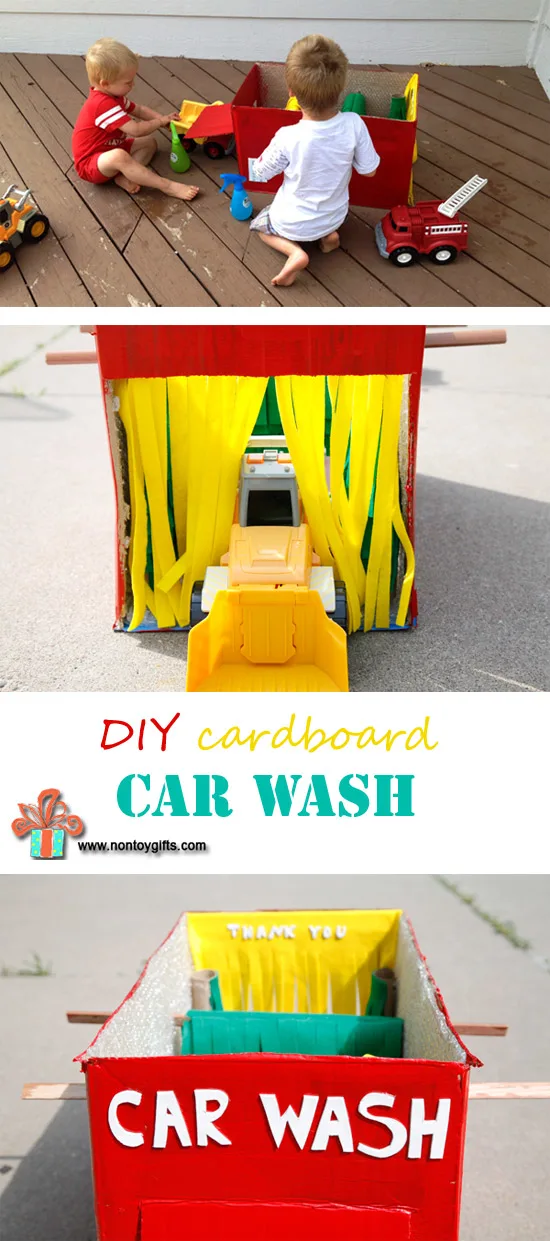 Make a cardboard car wash from a box. DIY cardboard toy for kids. Learn how to make it waterproof so kids can actually play with water. Fun summer activity. | at Non Toy Gifts