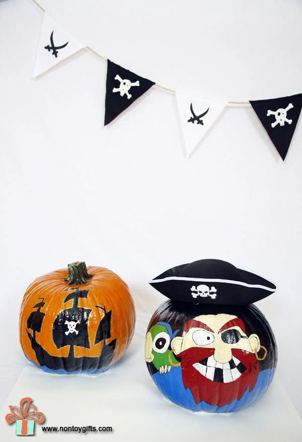 Pirate Halloween pumpkins to paint for kids. Pirate ship pumpkin.