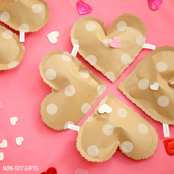 Heart Valentines. Easy paper bags to do for Valentine favors for the classroom. | at Non-Toy Gifts