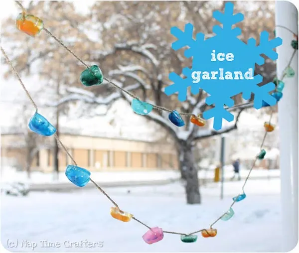 Make an ice garland - one of the 20 outdoor snow activities for kids. Be prepared for that snowy day when school is off and kids want to go outside and play. This list of snow and ice activities for kids of all ages is just what you need for any winter day. | at Non Toy Gifts