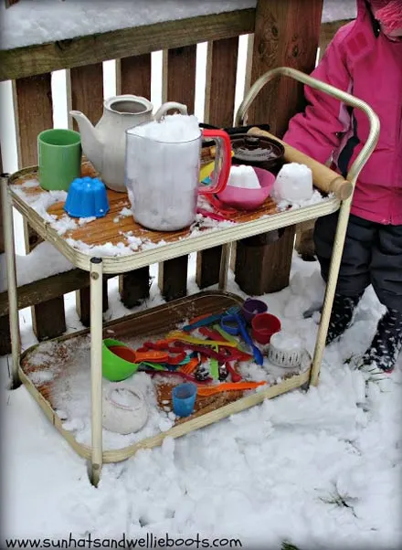 Make a snow kitchen - one of the 20 outdoor snow activities for kids. Be prepared for that snowy day when school is off and kids want to go outside and play. This list of snow and ice activities for kids of all ages is just what you need for any winter day. | at Non Toy Gifts