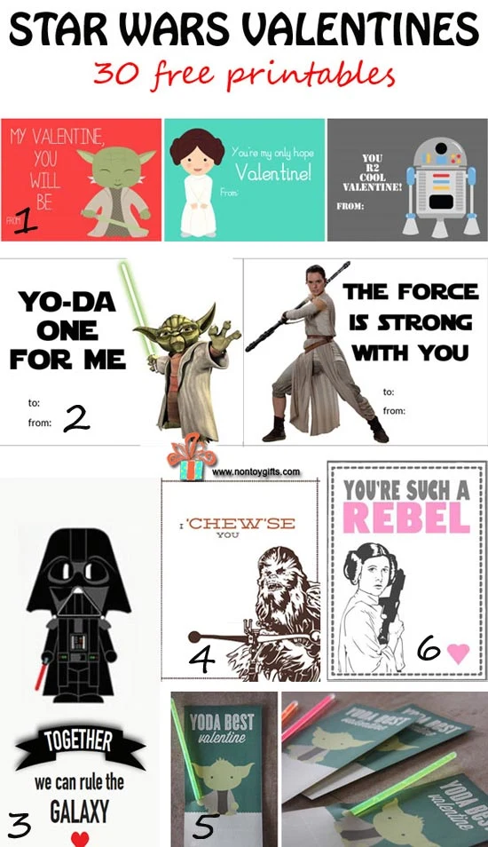 Star Wars Valentines featuring classic and new characters. 30 free printable Valentines cards that are perfect for kids to bring to classroom parties. | at Non Toy Gifts