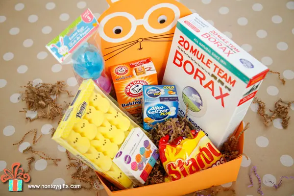 DIY Easter science kit for kids - a great non-candy Easter basket idea. It includes instruction on how to make the basket and what materials to include for 6 science experiments. | at Non Toy Gifts