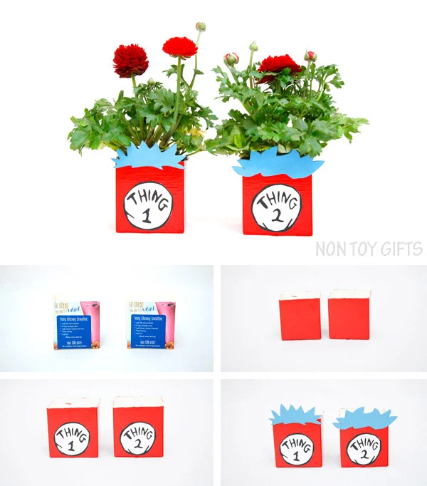 Thing 1 and thing 2 recycled planters from milk carton. A book inspired craft for kids to make on Dr Seuss or Earth Day. | at Non Toy Gifts
