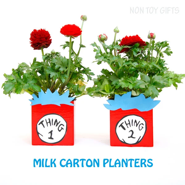 Thing 1 and thing 2 recycled planters from milk carton. A book inspired craft for kids to make on Dr Seuss or Earth Day. | at Non Toy Gifts