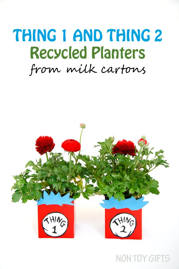 Thing 1 and thing 2 recycled planters from milk carton. A book inspired craft for kids to make this spring or summer. It is also a great Earth Day activity. | at Non Toy Gifts