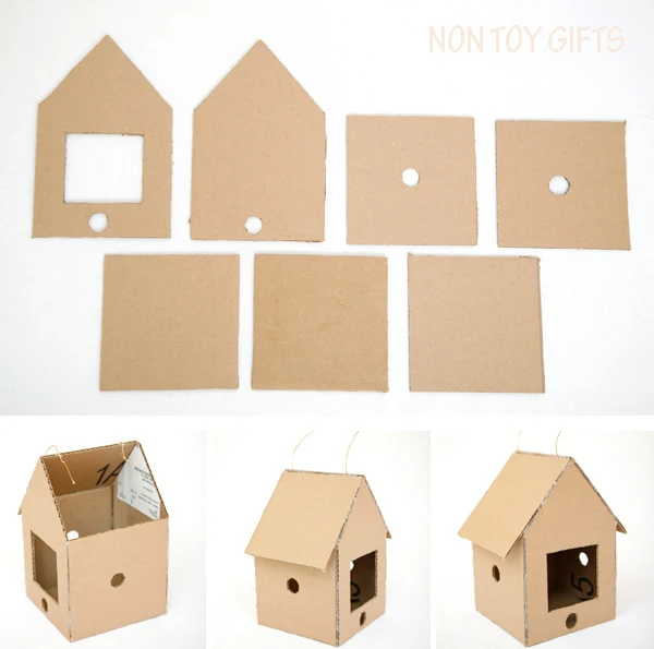 This DIY bird feeder is a fun spring or summer craft to make with kids. You only need a cardboard box, a hot glue gun, two sticks, peanut butter and seeds. | at Non Toy Gifts
