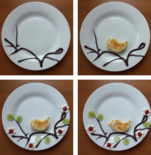 A fun and healthy birdie snack for kids. It incorporates fresh fruits (orange, raspberry, melon and grapes), pancake and chocolate into a cute design that kids will love | at Non Toy Gifts