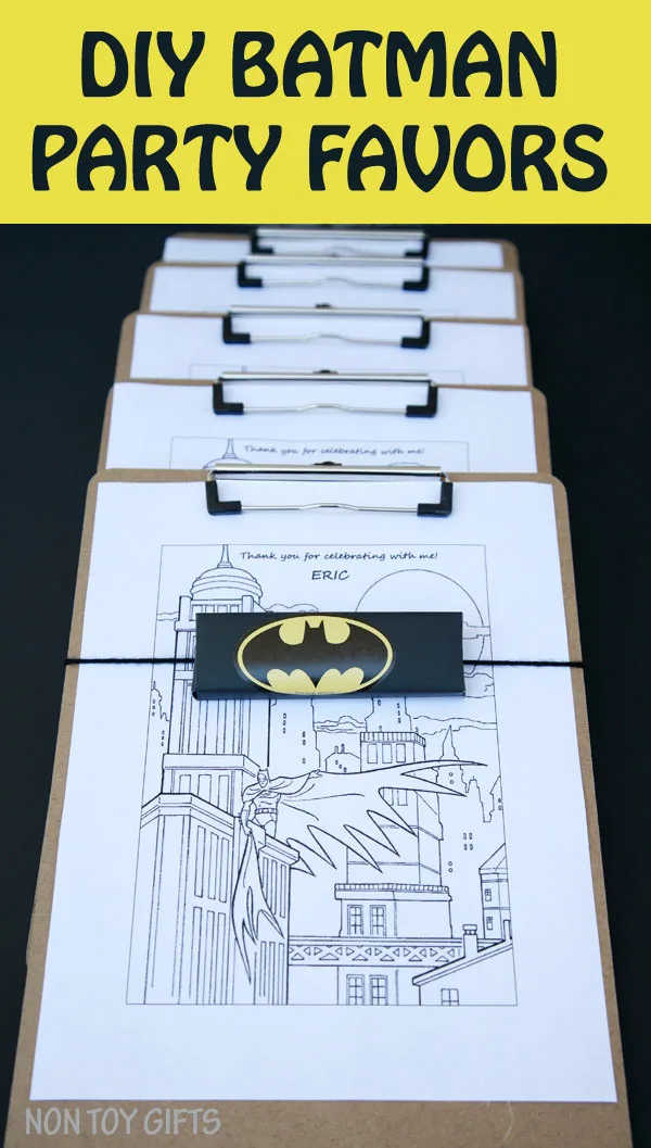 DIY Batman party favors to make for a superhero birthday party for kids. These coloring page, crayons and clipboard favors are easy and cheap and can be adapted for any superhero: Spiderman, Captain America, Superman, etc. | at Non Toy Gifts