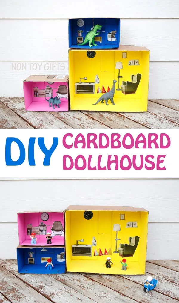 An easy DIY dollhouse that you can make from cardboard boxes. An recycled project to try with kids. Play with dolls, dinosaurs or LEGO people. |at Non Toy Gifts