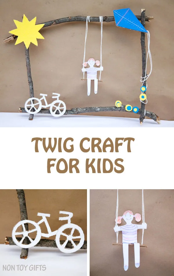 Pair nature elements and recycled cardboard into a fun twig craft for kids. Riding their bikes, playing at the playground and flying a kite may be on your kids' summer bucket list. Why not put them all together into a nice summer art? | at Non Toy Gifts