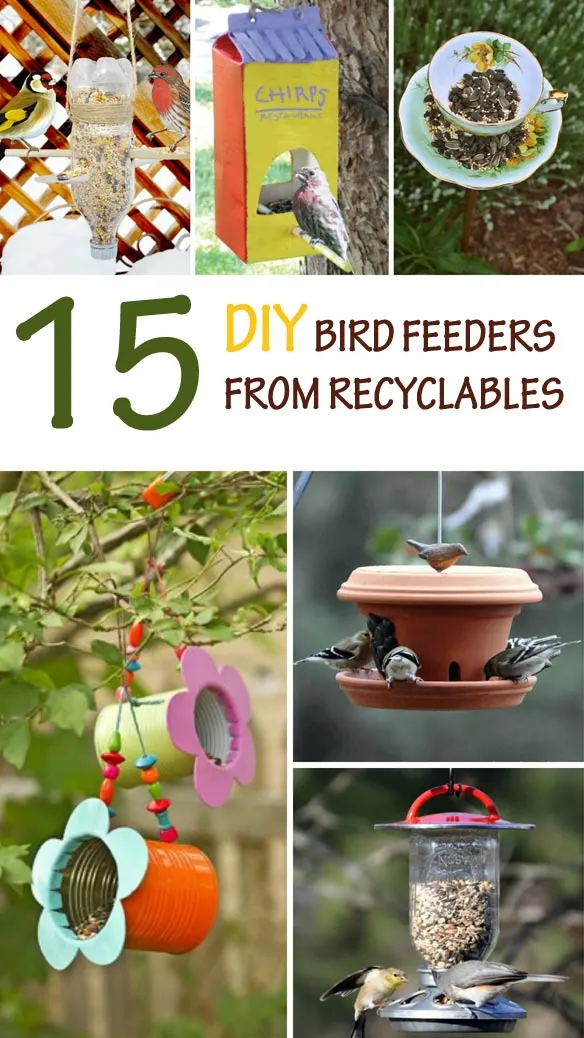 15 amazing DIY bird feeders from recyclables. Cheap bird feeders to make with kids this spring or summer. A fun and easy nature craft for preschool or older kids. | at Non-Toy Gifts