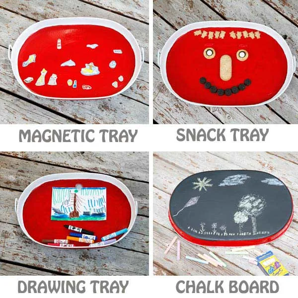 Road trip with kids - DIY busy tray. Use it as a snack tray, drawing tray, magnetic tray and chalk board. | at Non Toy Gifts
