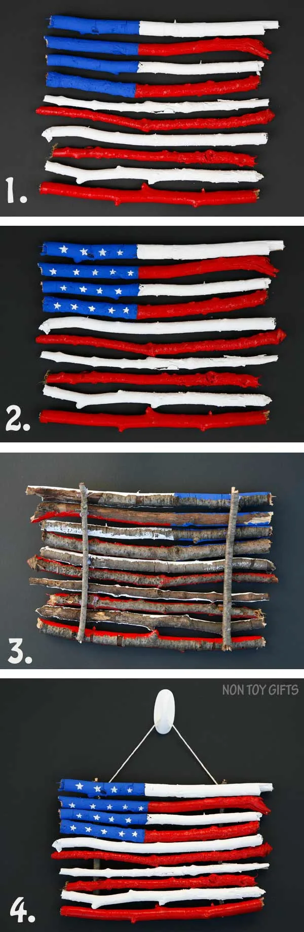 An easy twig flag craft for kids to make for 4th of July, Memorial Day or Flag Day. | at Non Toy Gifts