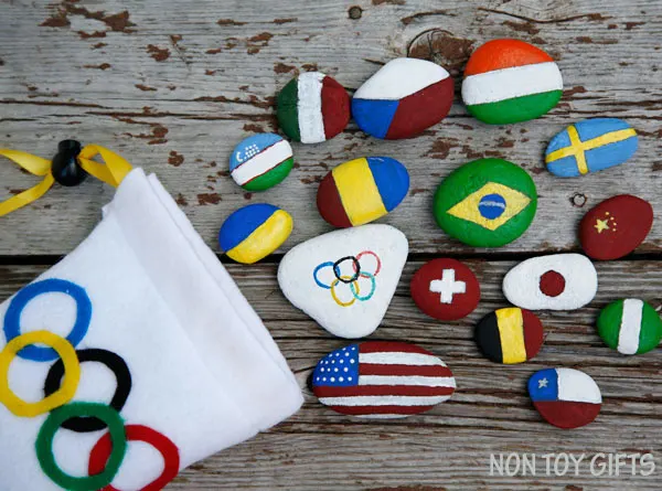 Painted flag rocks - a creative and educational Olympic craft. A great opportunity for kids to learn about the participating countries to the Olympics. | at Non Toy Gifts