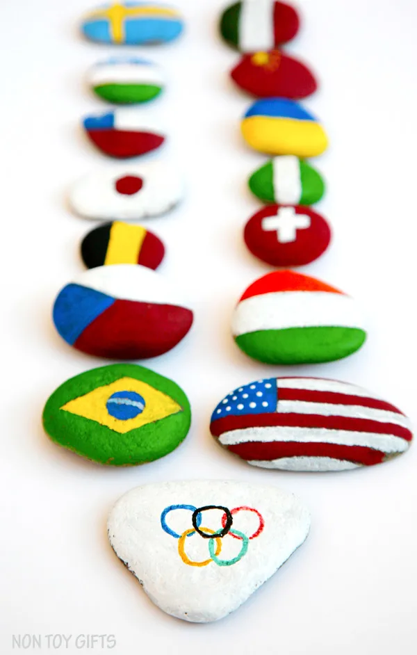 Painted flag rocks - a creative and educational Olympic craft. A great opportunity for kids to learn about the participating countries to the Olympics. | at Non Toy Gifts