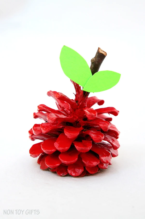 An easy pinecone apple craft for kids. Use can use the pinecone apples as back to school gifts for teachers. It's a fun nature craft to try this fall. | at Non Toy Gifts