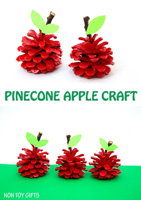 An easy pinecone apple craft for kids. Use can use the pinecone apples as back to school gifts for teachers. It's a fun nature craft to try this fall. | at Non Toy Gifts