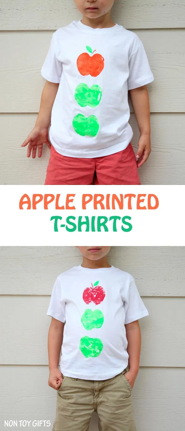 These apple printed t-shirts are an easy fall craft for kids. A is for apple. | at Non Toy GIfts
