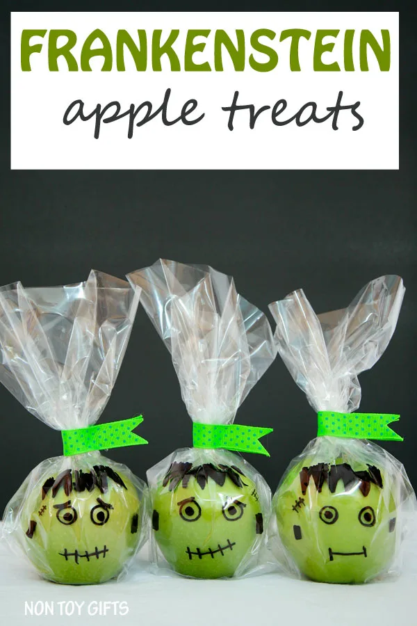 FRANKENSTEIN apple treats. Healthy alternatives. Non-candy Halloween treats for kids.