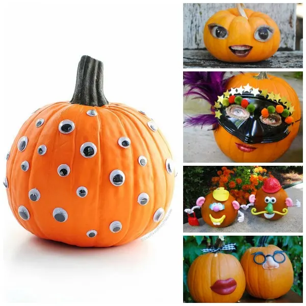 No-carve pumpkin ideas for kids: googly eyes, potato heads, masks