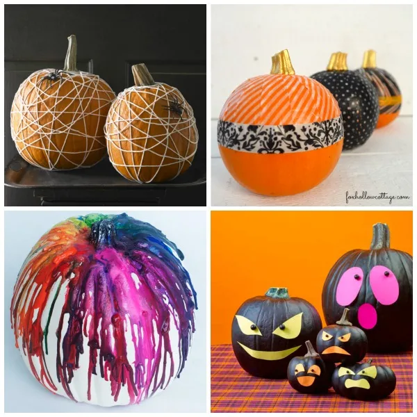 No-carve pumpkin ideas for kids: spider web, melted crayons and black pumpkins