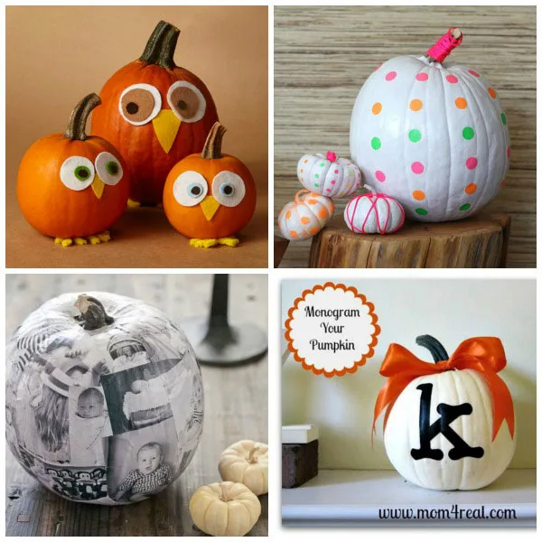 No-carve pumpkin ideas for kids: owls, polka dots, photo collages and monogram