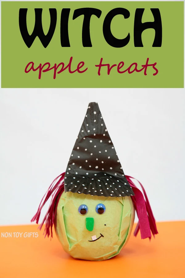 Healthy witch Halloween treat to make for the school party or as snack. Use apples or oranges. | at Non-Toy Gifts