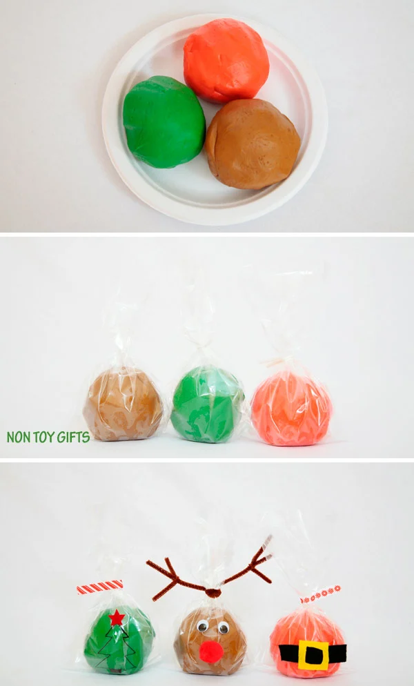 Christmas play dough. Homemade play dough that looks like Santa, Christmas tree and reindeer. Great winter activity for kids or DIY stocking stuffer. Easy craft. | at Non Toy Gifts