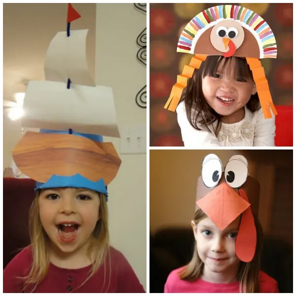 Thanksgiving hats for kids to make: turkey hats and Mayflower ship hat