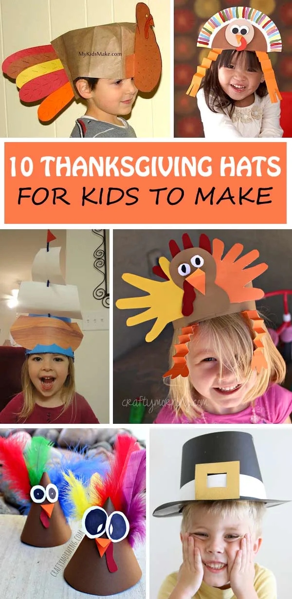 Thanksgiving hats for kids: turkey, Mayflower ship and pilgrim hats. Great for preschoolers, kindergartners and older kids. #Thanksgiving #ThanksgivingHatsforkids #thanksgivingcraftsforkids #Thanksgivingturkeyhat #turkeyhats
