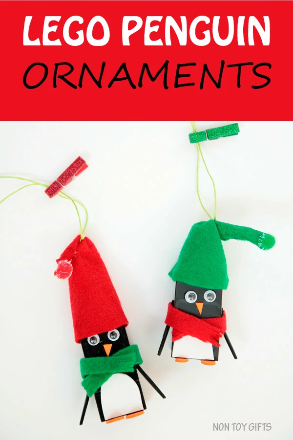 LEGO penguin ornaments. Kid-made ornaments. Book inspired. Easy penguin craft to try this winter with kids. | at Non-Toy Gifts