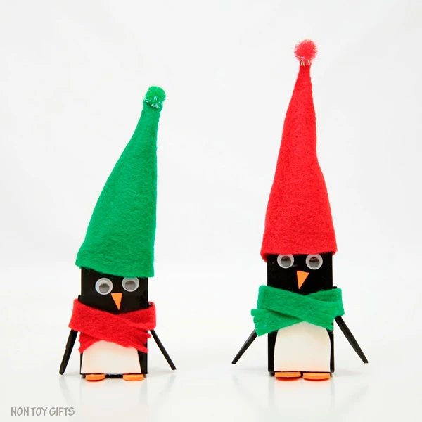LEGO penguin ornaments. Kid-made ornaments. Book inspired. Easy penguin craft to try this winter with kids. | at Non-Toy Gifts