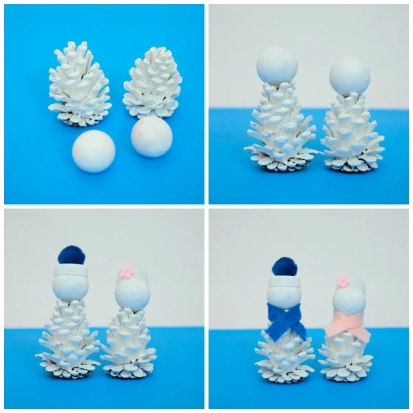 Pine cone snow friends: snowman and snow woman craft for kids