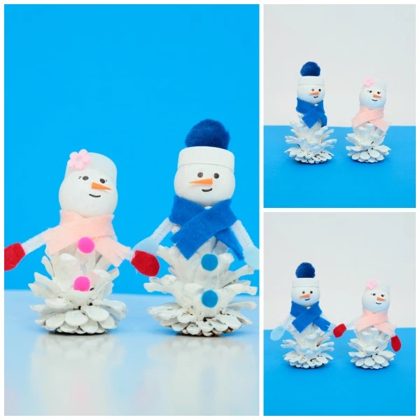 Pine cone snow friends: snowman and snow woman craft for kids