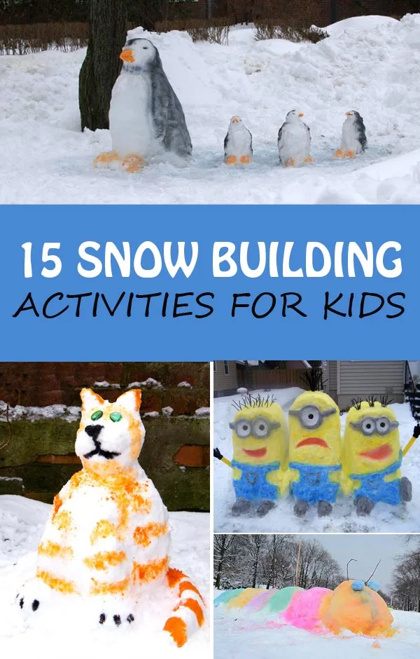 Snow building activities for kids to try this winter: snowman, cat, Minions, cake and more. Great winter fun family activites