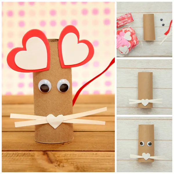 A fun paper roll heart mouse craft. It uses recycled items, googly eyes and heart stickers. Simple craft for kids as young as toddlers.