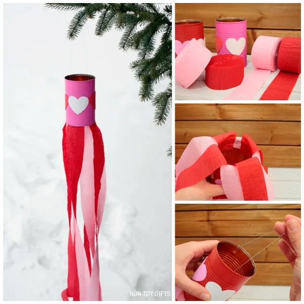 Valentine easy kids craft: heart windsocks. Use tin can, heart stickers, paint and crepe streams to make this DIY Valentine's Day decoration. Perfect craft for preschool or kindergarten. | at Non-Toy Gifts
