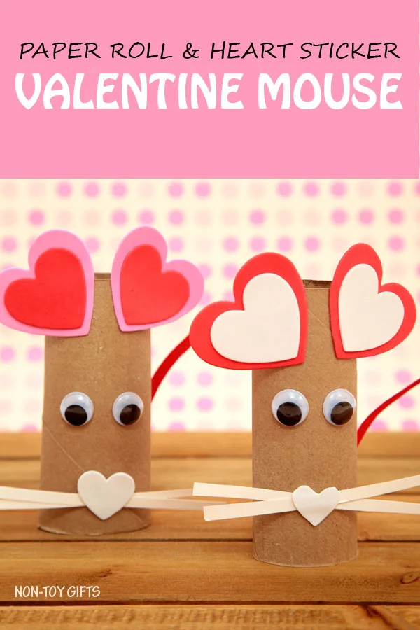 A fun paper roll heart mouse craft. It uses recycled items, googly eyes and heart stickers. Simple craft for kids as young as toddlers and preschoolers. Valentine heart animal craft