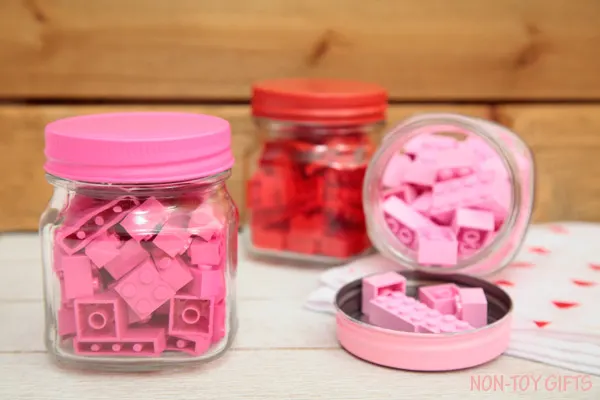 These LEGO Valentines in mini jars are great for kids who love to build and crate with LEGOs. Perfect if you are looking for non-candy Valentine ideas.