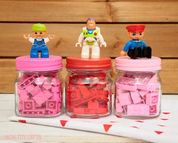 These LEGO Valentines in mini jars are great for kids who love to build and crate with LEGOs. Perfect if you are looking for non-candy Valentine ideas.