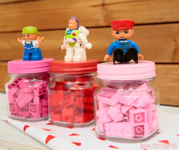 These LEGO Valentines in mini jars are great for kids who love to build and crate with LEGOs. Perfect if you are looking for non-candy Valentine ideas.