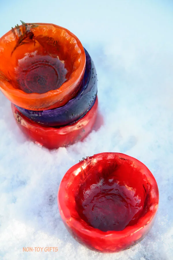 Colorful ice bowls to make for kids. Perfect addition to a snow kitchen. Fun winter activity. Kids will love to play with them. | at Non-Toy Gifts