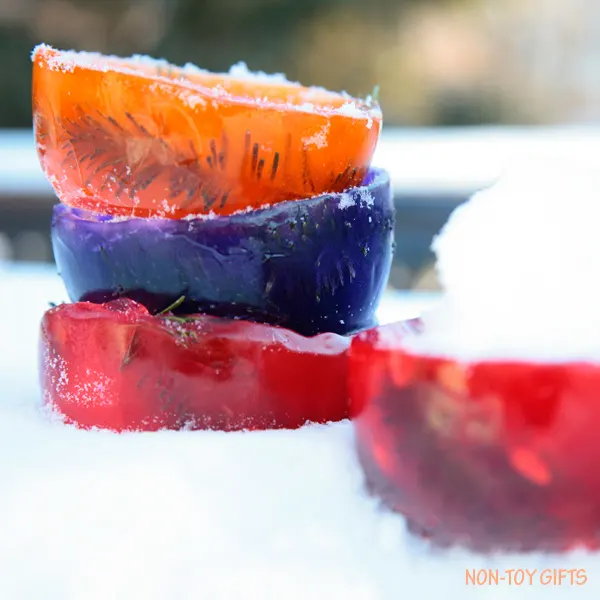 Colorful ice bowls to make for kids. Perfect addition to a snow kitchen. Fun winter activity. Kids will love to play with them. | at Non-Toy Gifts