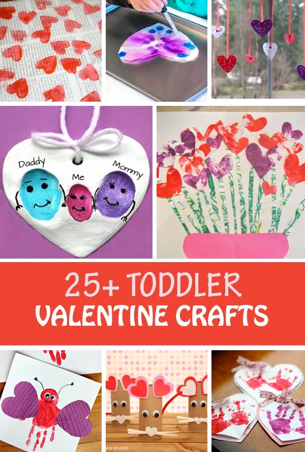 Toddler Valentine crafts: fingerprint frame, heart robots, heart garlands, coffee filter hearts, pom pom heart painting, tissue paper heart wreath, footprint love bug and more. Great also for preschoolers. #valentines #valentinesday #valentinecraft