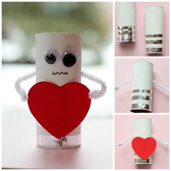 Heart robots - an easy Valentine crafts for kids. Made with paper roll. Toddlers will love making these robots. | at Non-Toy Gifts