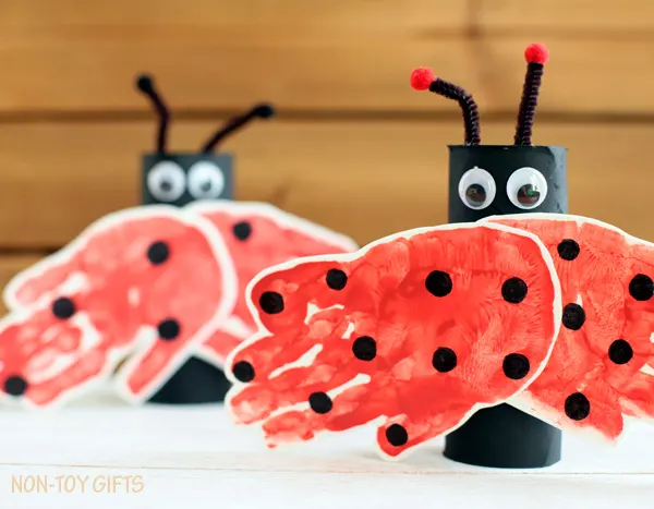A handprint and paper roll ladybug craft for kids. It is an easy spring craft or for learning about insects. | at Non-Toy Gifts
