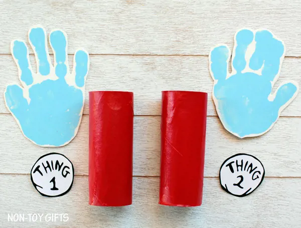 Dr Seuss Thing 1 and Thing 2 paper roll craft. Handprint craft to go along with Cat in the Hat book. | at Non-Toy Gifts