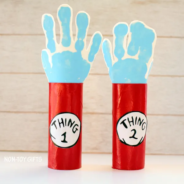 Dr Seuss Thing 1 and Thing 2 paper roll craft. Handprint craft to go along with Cat in the Hat book. | at Non-Toy Gifts